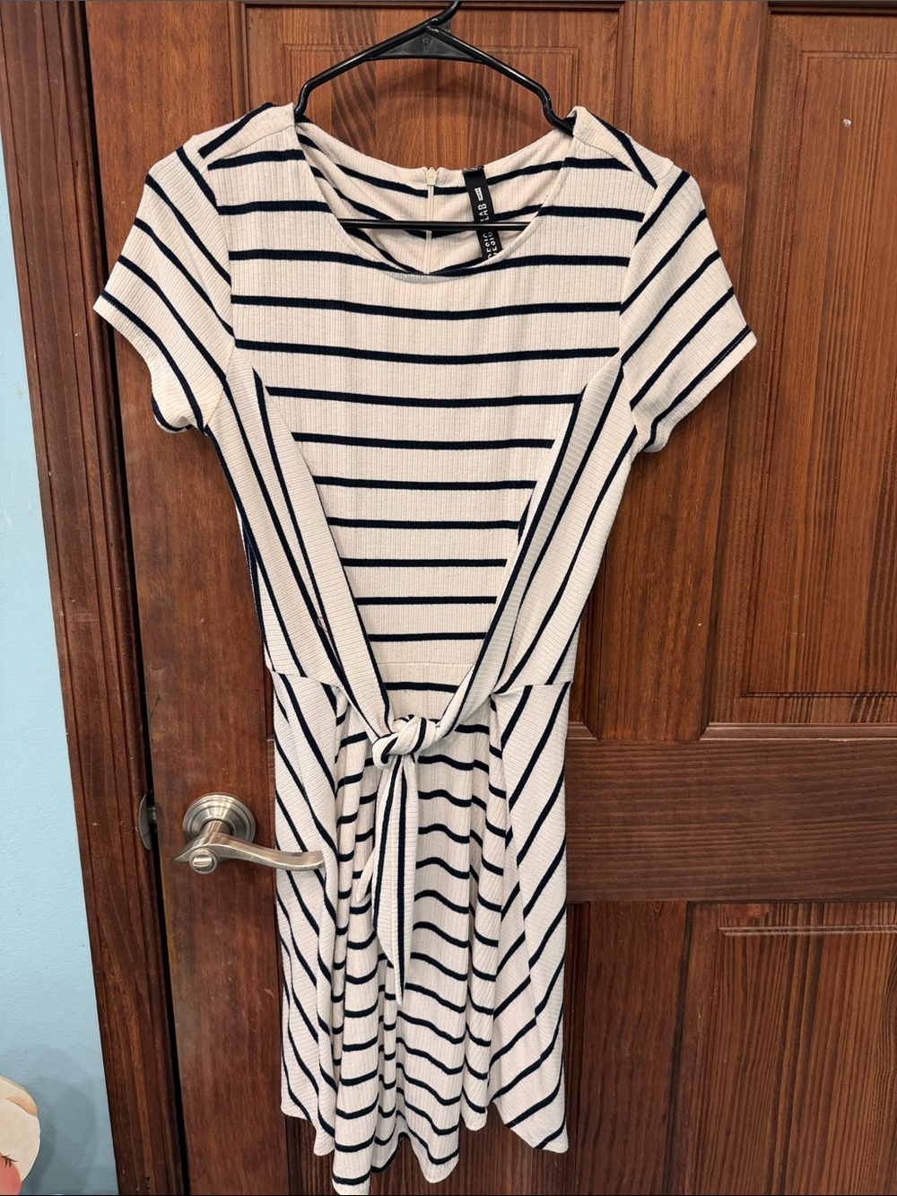Design Lab Lord & Taylor Cream and Black Striped Tie-Waist Mini Dress